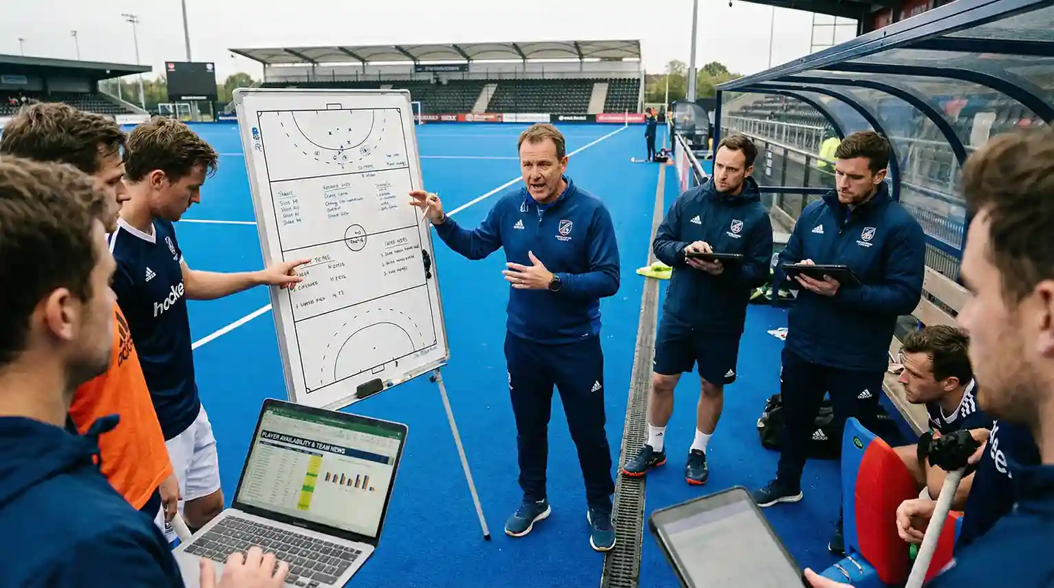 Hockeycoach bespreekt tactiek met het team