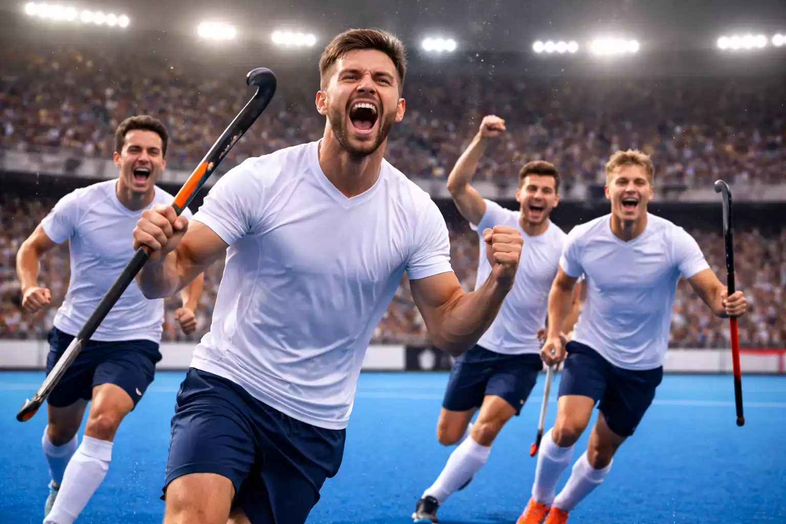 Hockeyspeler in winnende positie tijdens wedstrijd
