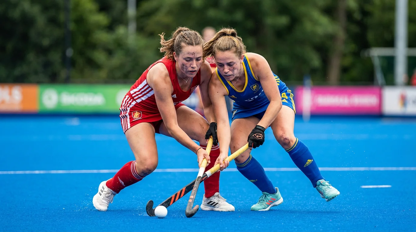 Twee speelsters in een duel om de bal tijdens een dameshockeywedstrijd