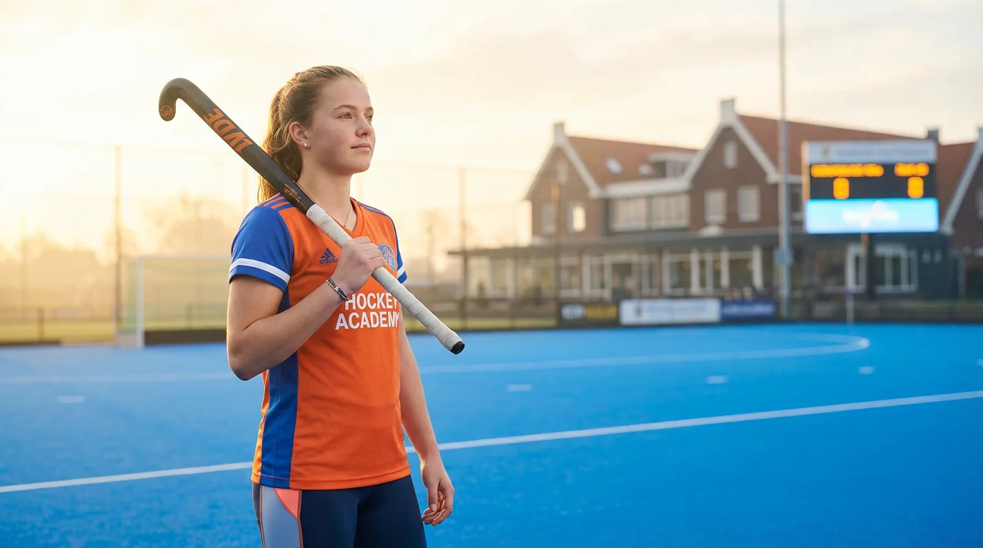 Jong vrouwelijk hockeytalent met stick op het kunstgrasveld