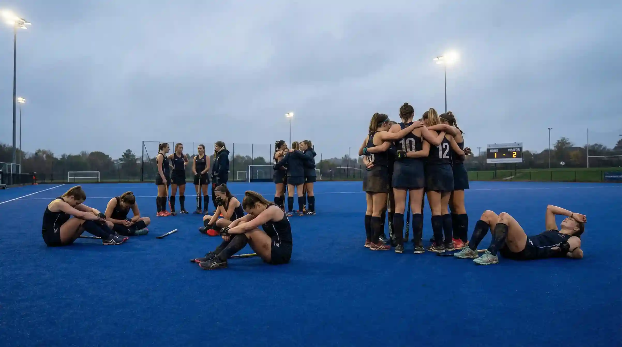 Teleurgestelde hockeyspelers na een verloren degradatiewedstrijd