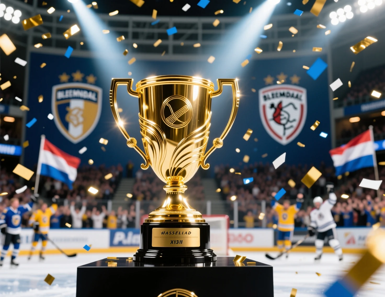 Euro Hockey League kampioenstrofee met Nederlandse clublogo's op de achtergrond