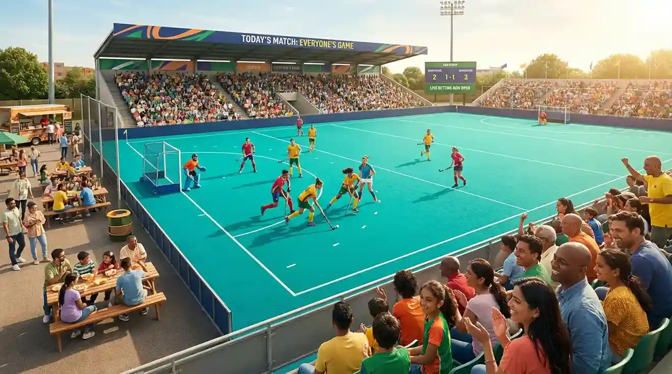 Hockeywedstrijd op kunstgrasveld met toeschouwers