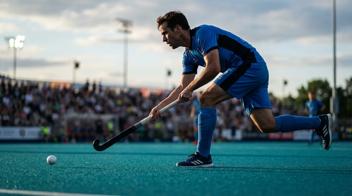 Hockeyspeler in actie met clubshirt op een kunstgrasveld
