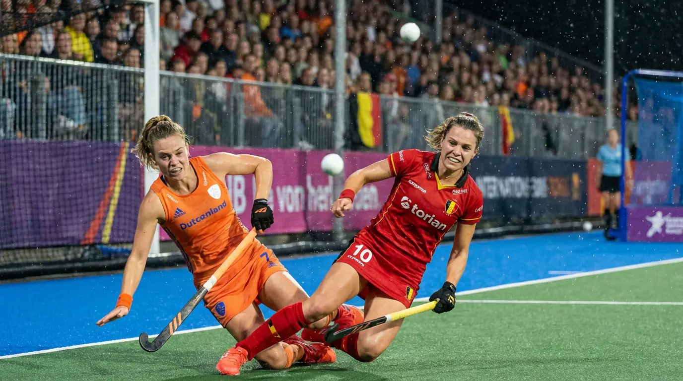Nederlandse en Belgische hockeyspelers in een intens duel