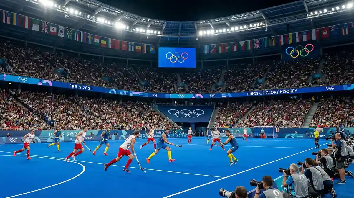 Olympisch hockeytoernooi met spelers in actie op het veld