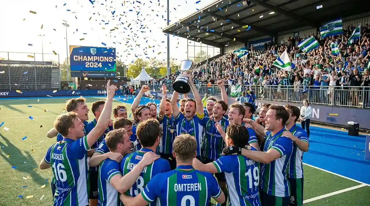 Hockeyteam viert het winnen van een kampioenschap met trofee
