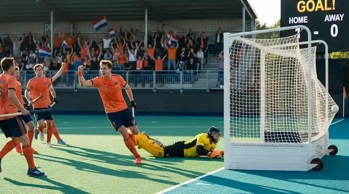 Hockeyspeler scoort een doelpunt tijdens een wedstrijd