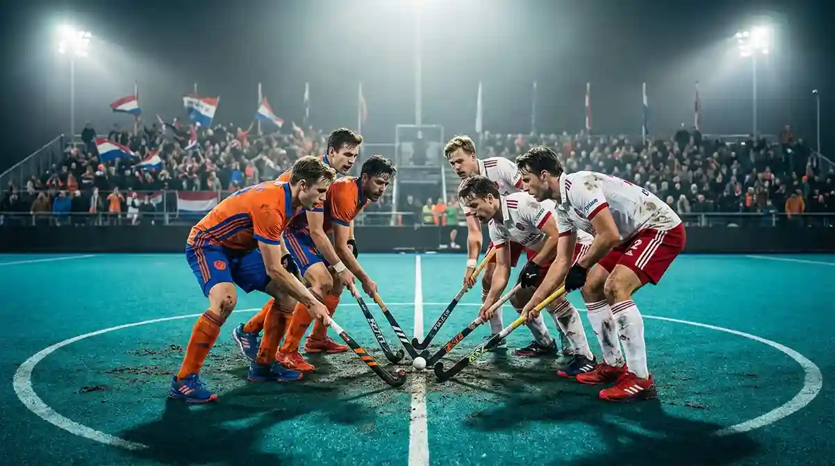 Spannend moment tijdens een hockeyplay-off wedstrijd met spelers in actie