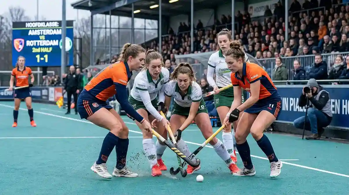 Hockeyspeler in actie tijdens een Hoofdklasse wedstrijd