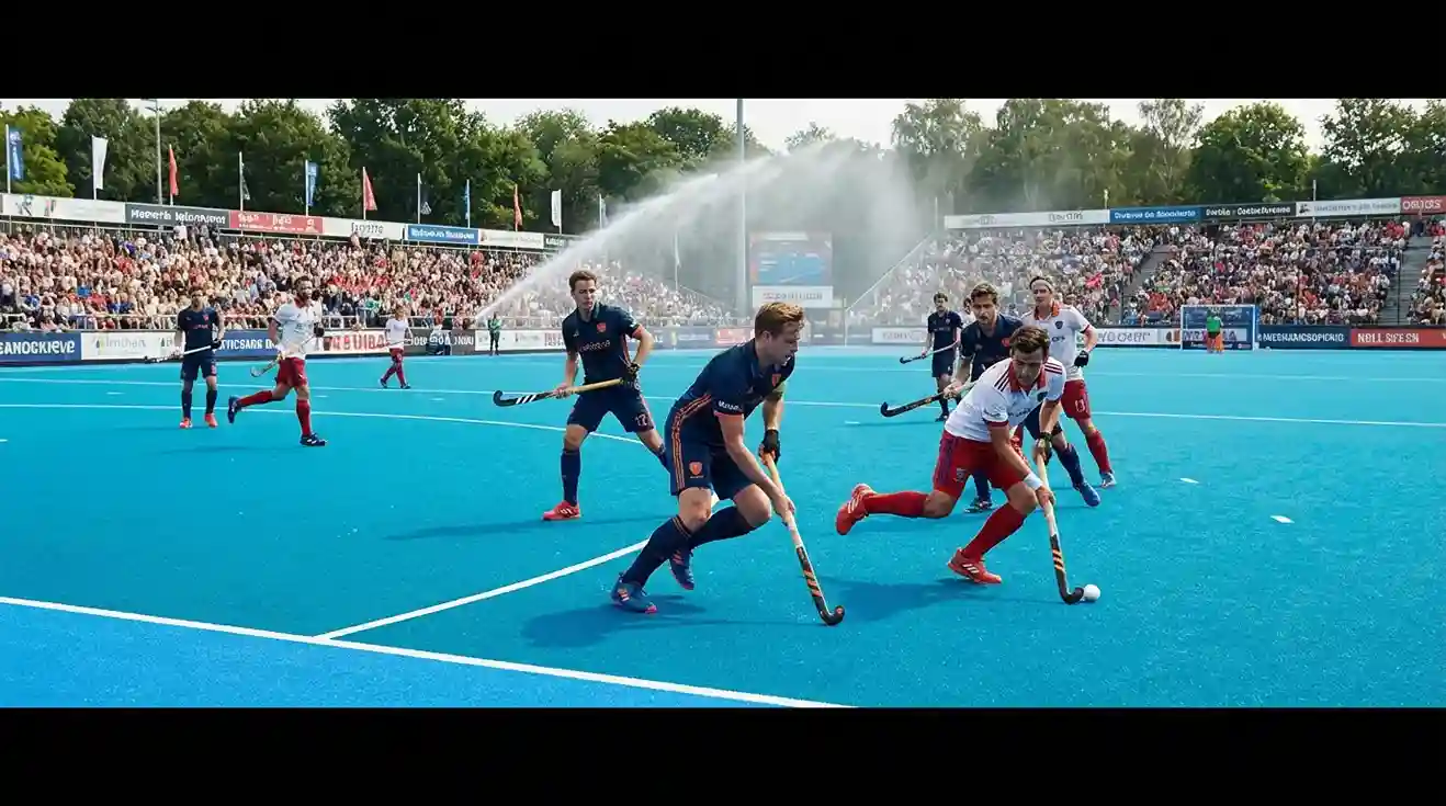 Veldhockeywedstrijd op blauw kunstgrasveld
