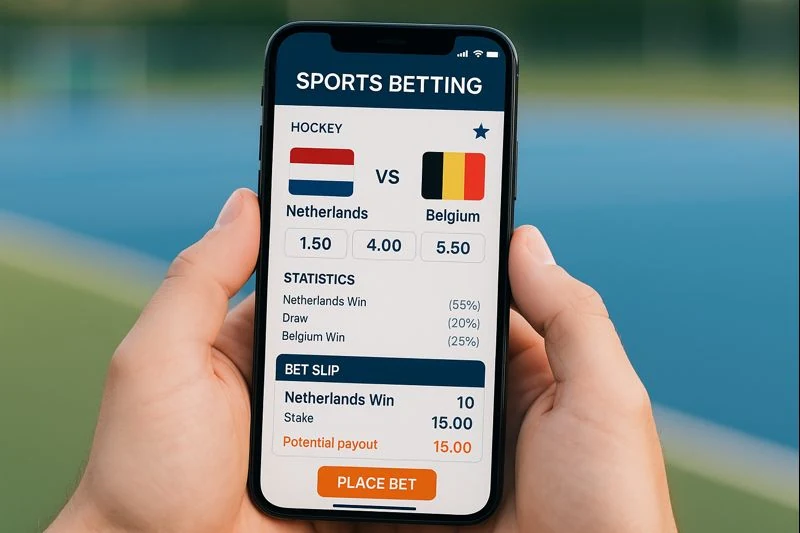 Smartphone met hockey wedden app interface met odds en statistieken voor Nederland tegen België