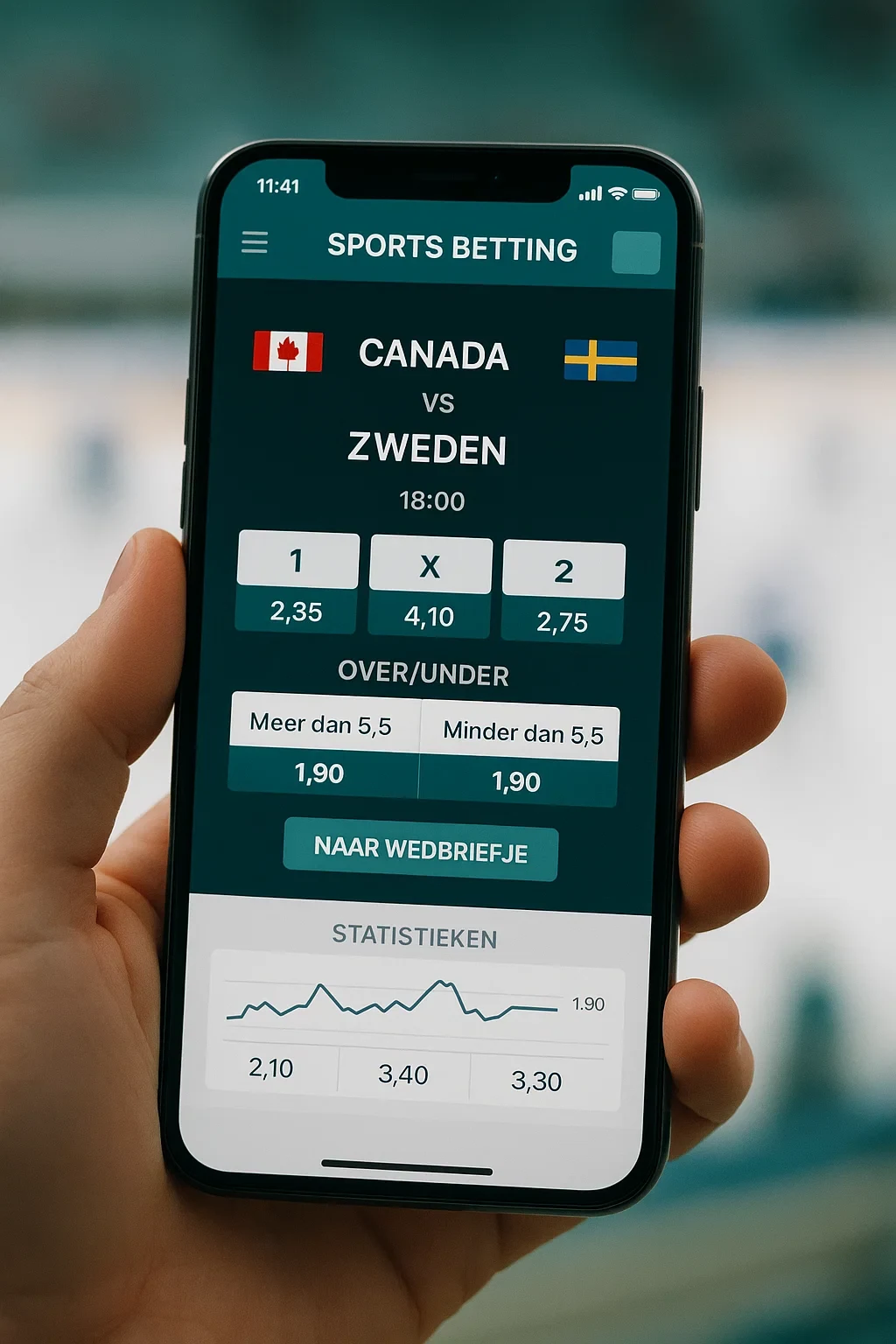 Smartphone met sportweddenschappen app die hockey odds en wedmarkten toont