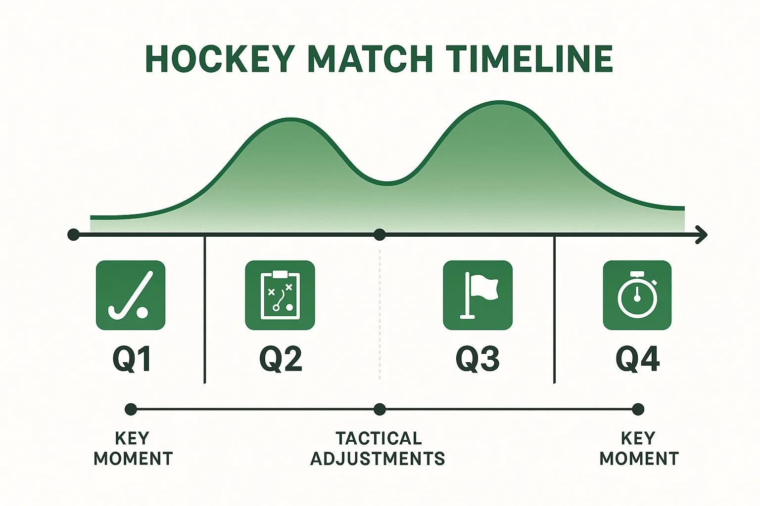 Infographic van de vier kwarten van een hockeywedstrijd met intensiteitscurve en belangrijke momenten
