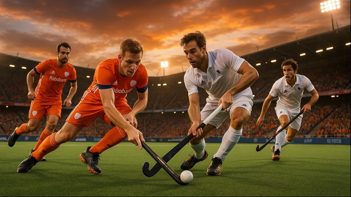 Spannende veldhockey wedstrijd met Nederlandse spelers in oranje tenue in actie op het veld