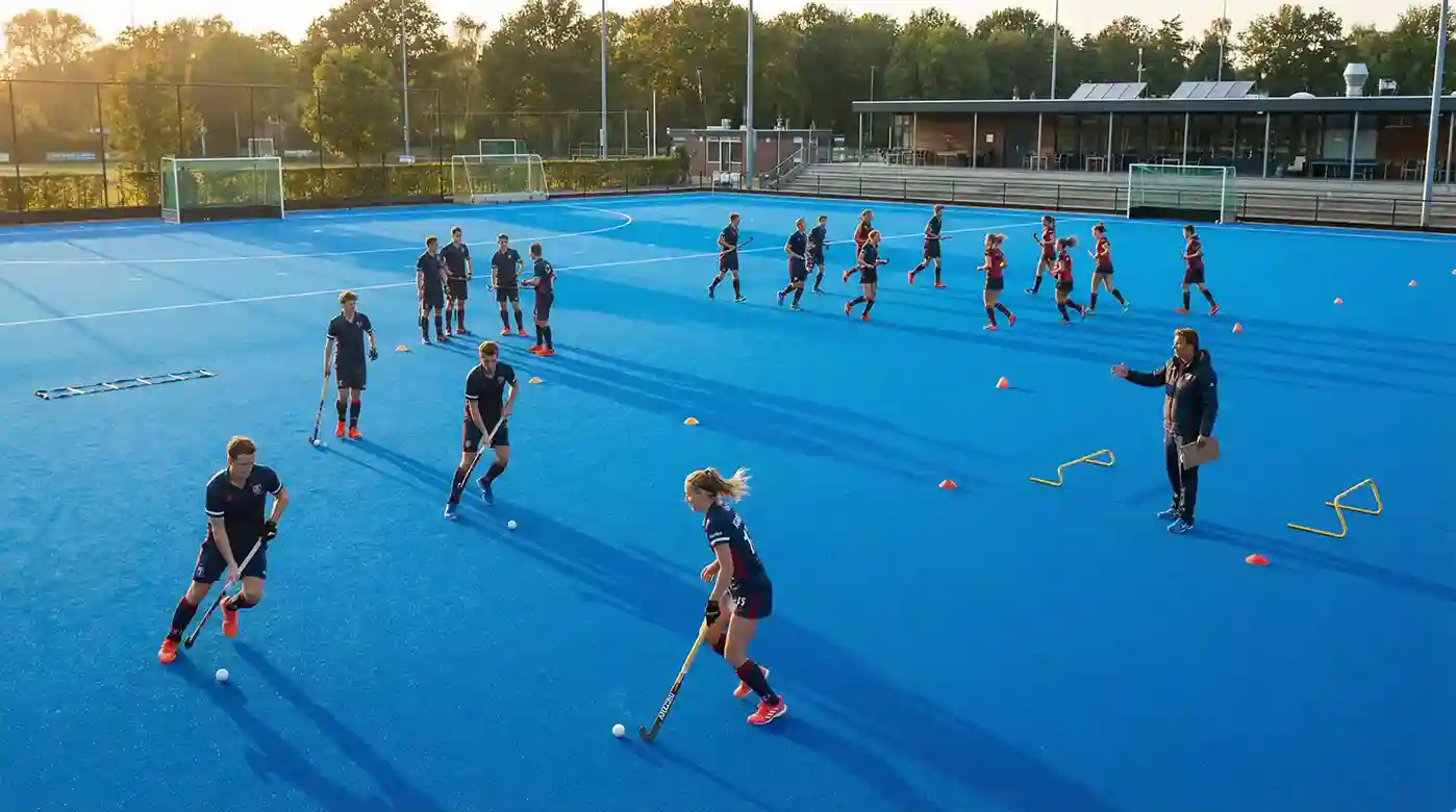 Hockeyspelers tijdens een trainingsessie op het kunstgrasveld