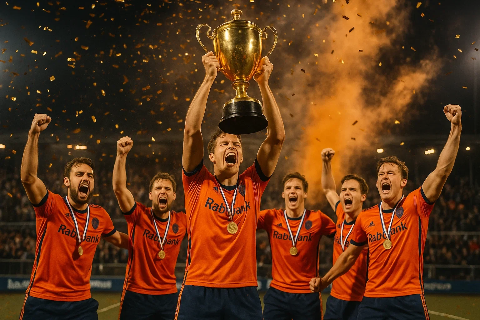 Hockey team viert het kampioenschap na het winnen van de Hoofdklasse play-off finale met trofee