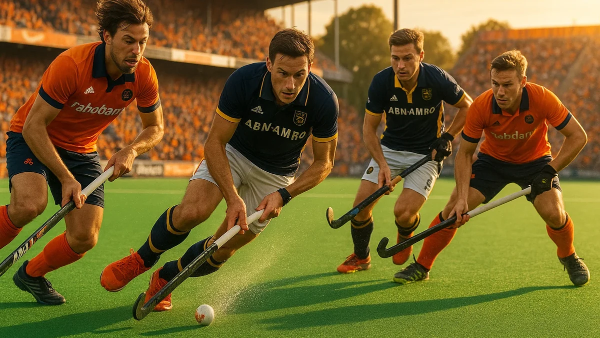 Dynamische actie tijdens een Hoofdklasse hockey wedstrijd in Nederland met spelers die strijden om de bal