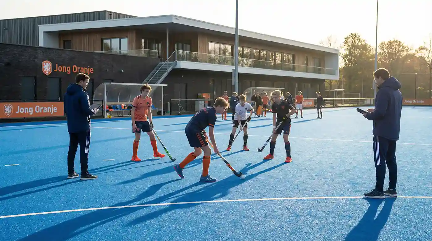 Jonge hockeytalenten trainen op het kunstgrasveld