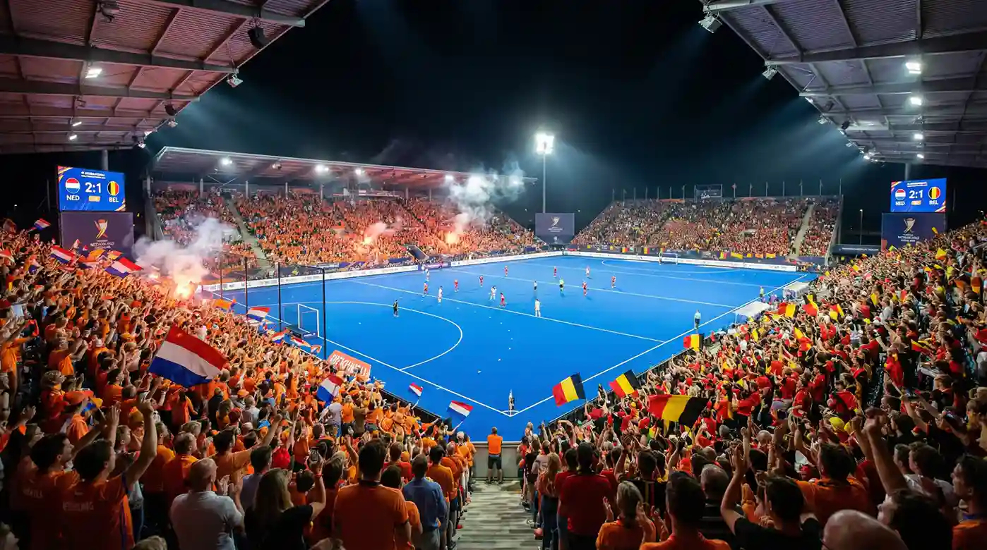 Uitverkocht hockeystadion tijdens een internationale topwedstrijd