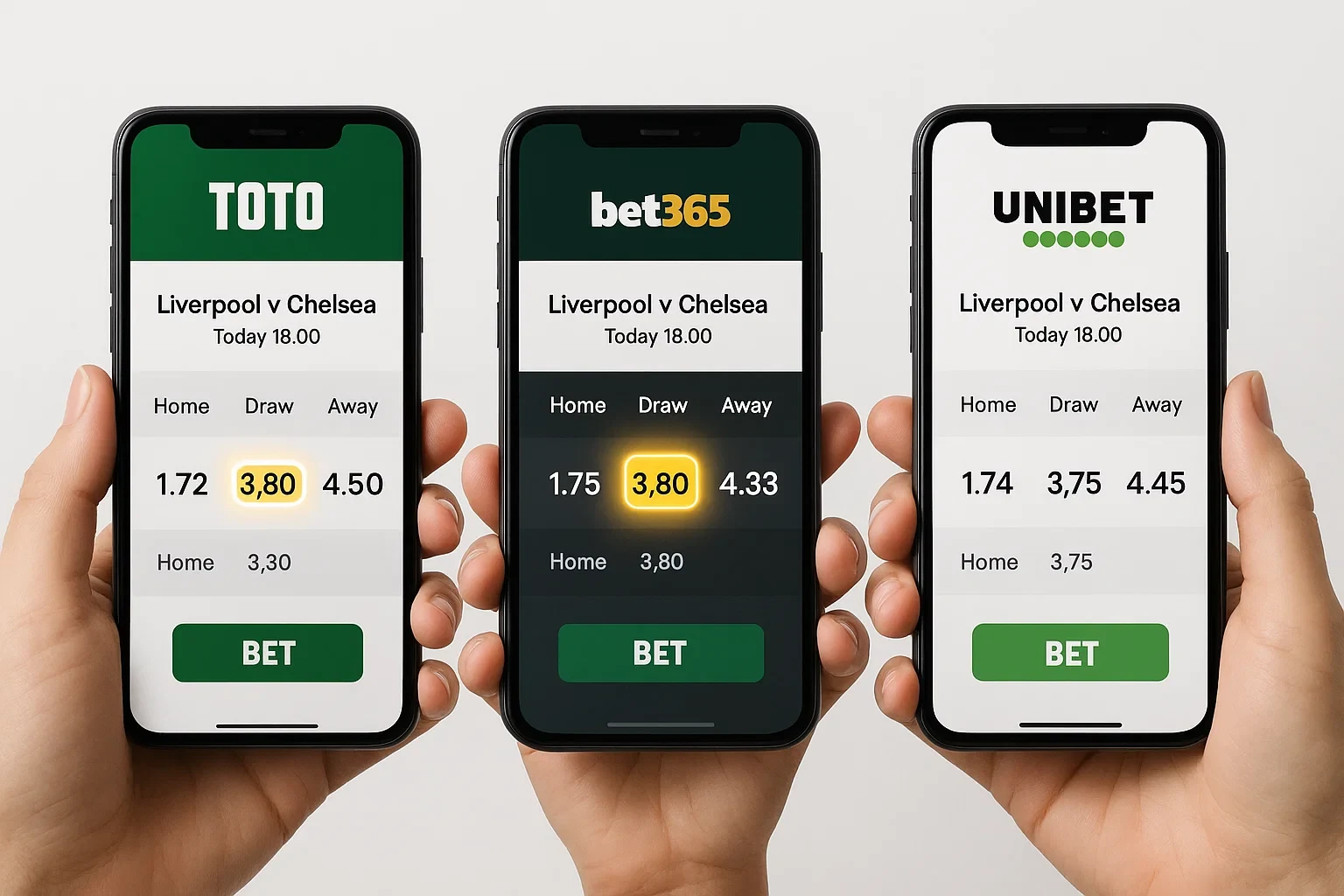 Meerdere smartphones die verschillende bookmaker apps tonen met variërende odds voor dezelfde wedstrijd