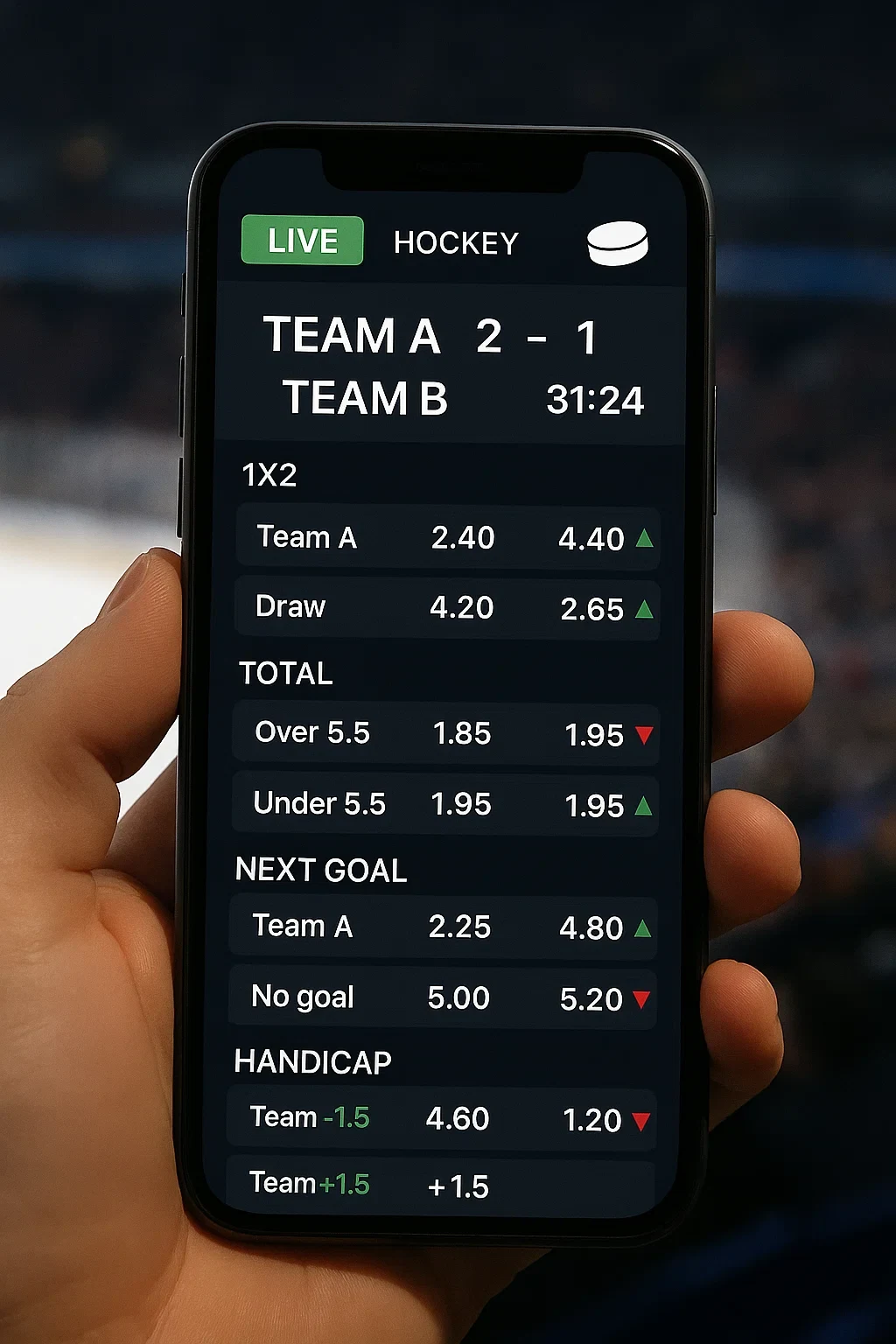 Smartphone met live hockey weddenschap app die verschillende markten en real-time odds toont