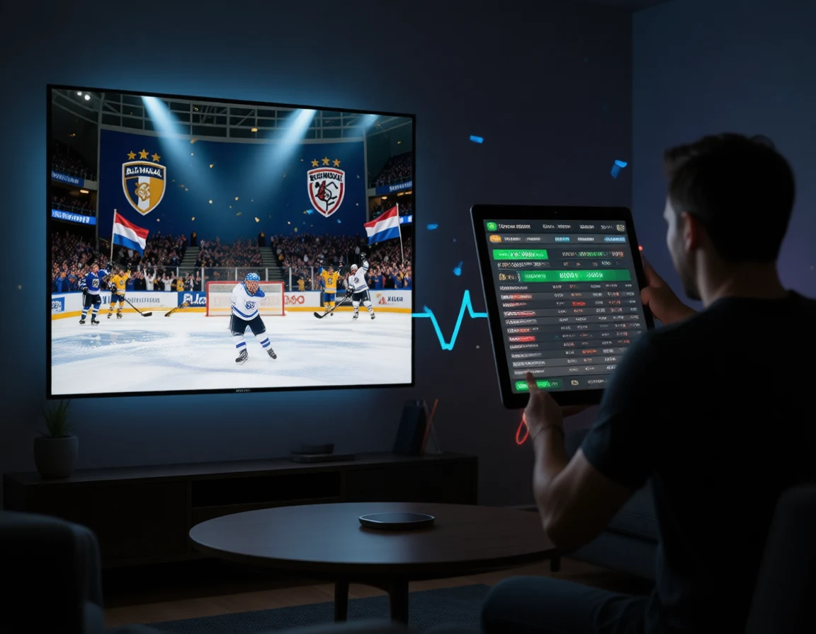 Live hockey wedstrijd op TV met real-time wedden interface op tablet met dynamische odds