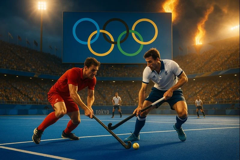Olympisch hockey met de vijf ringen en de strijd om goud op het ultieme podium