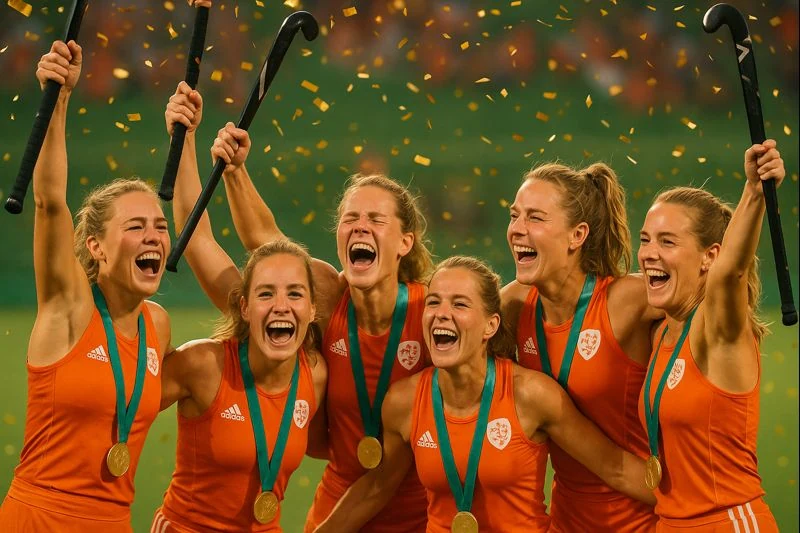 Nederlandse dames hockeyteam viert overwinning met opgeheven sticks en gouden medailles