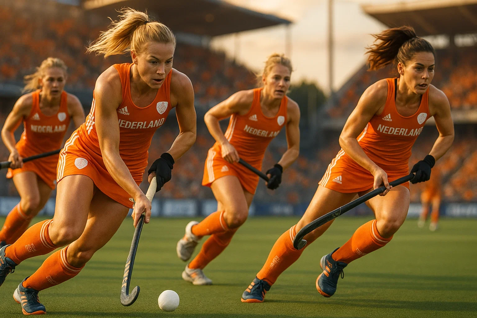 De Oranje Dames in actie tijdens een internationale hockeywedstrijd