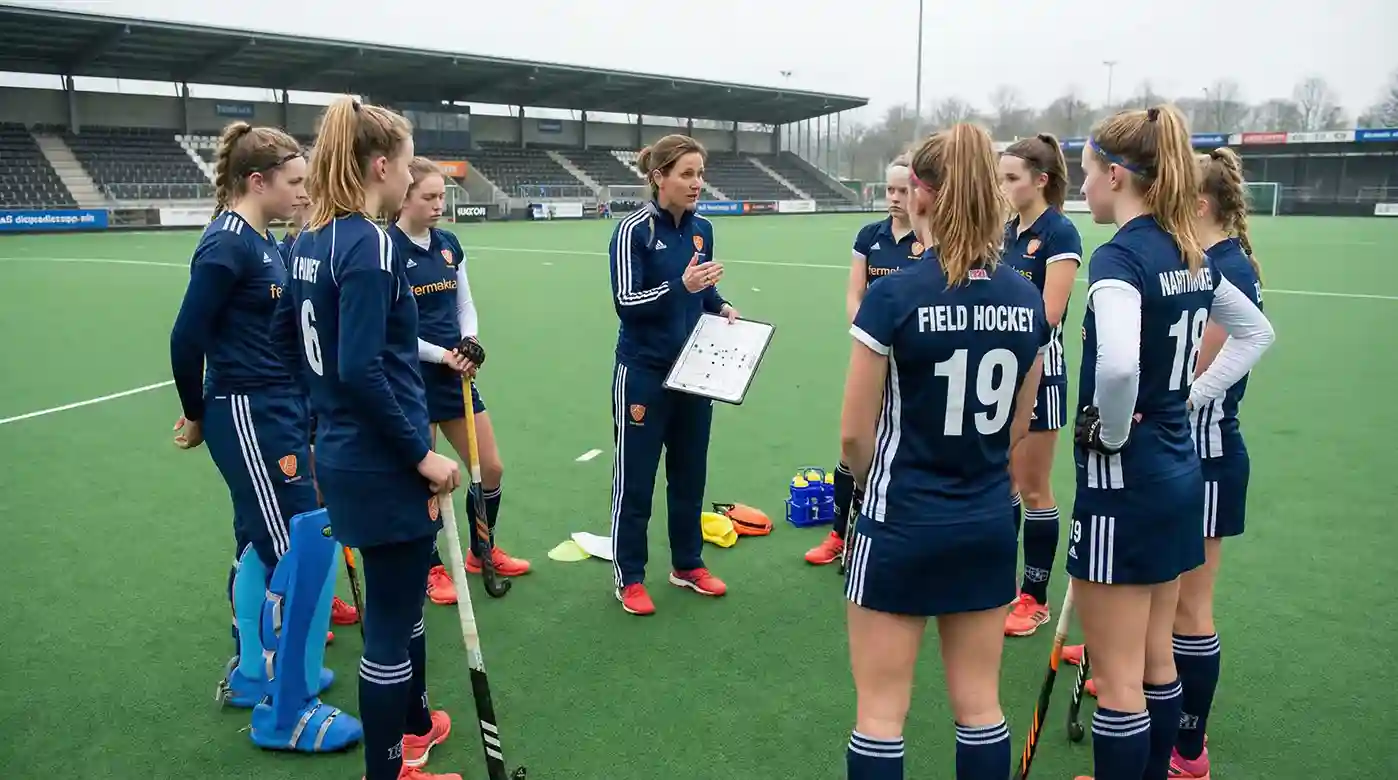 Hockeycoach geeft tactische instructies aan speelsters