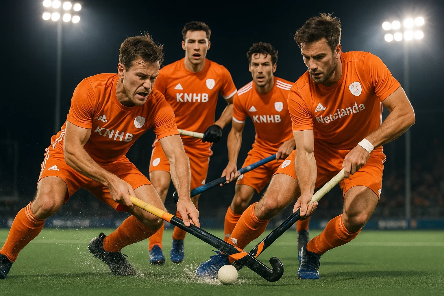 De Oranje Heren in een intense wedstrijdsituatie op het hockeyveld