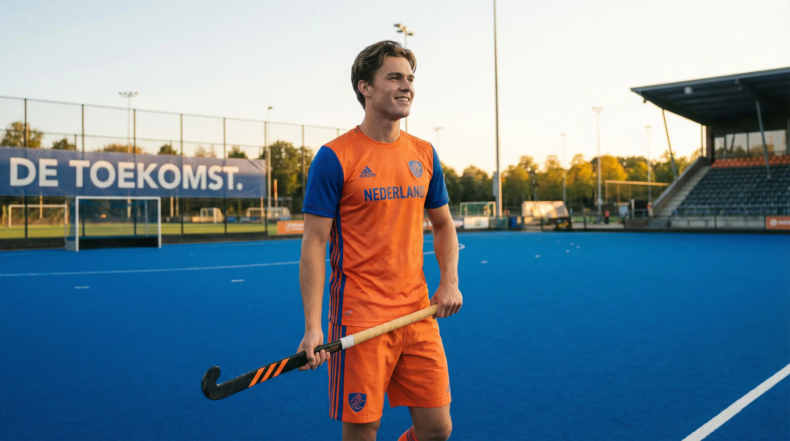 Jonge Nederlandse hockeyspeler met stick op het kunstgrasveld