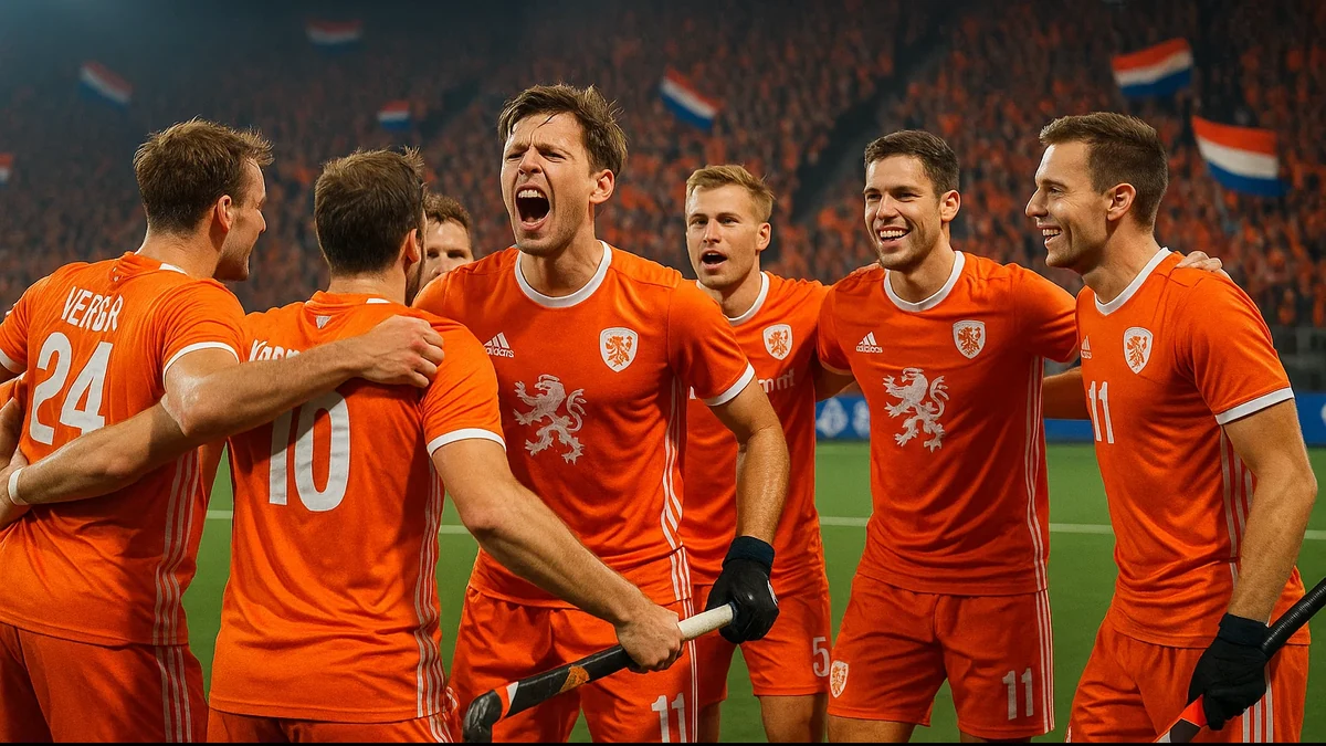 Het Nederlandse nationale hockeyteam Oranje verenigd in hun iconische oranje shirts
