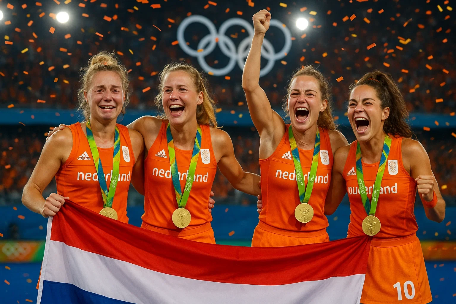 Nederlandse hockeyspelers vieren olympisch goud met medailles en de Nederlandse vlag