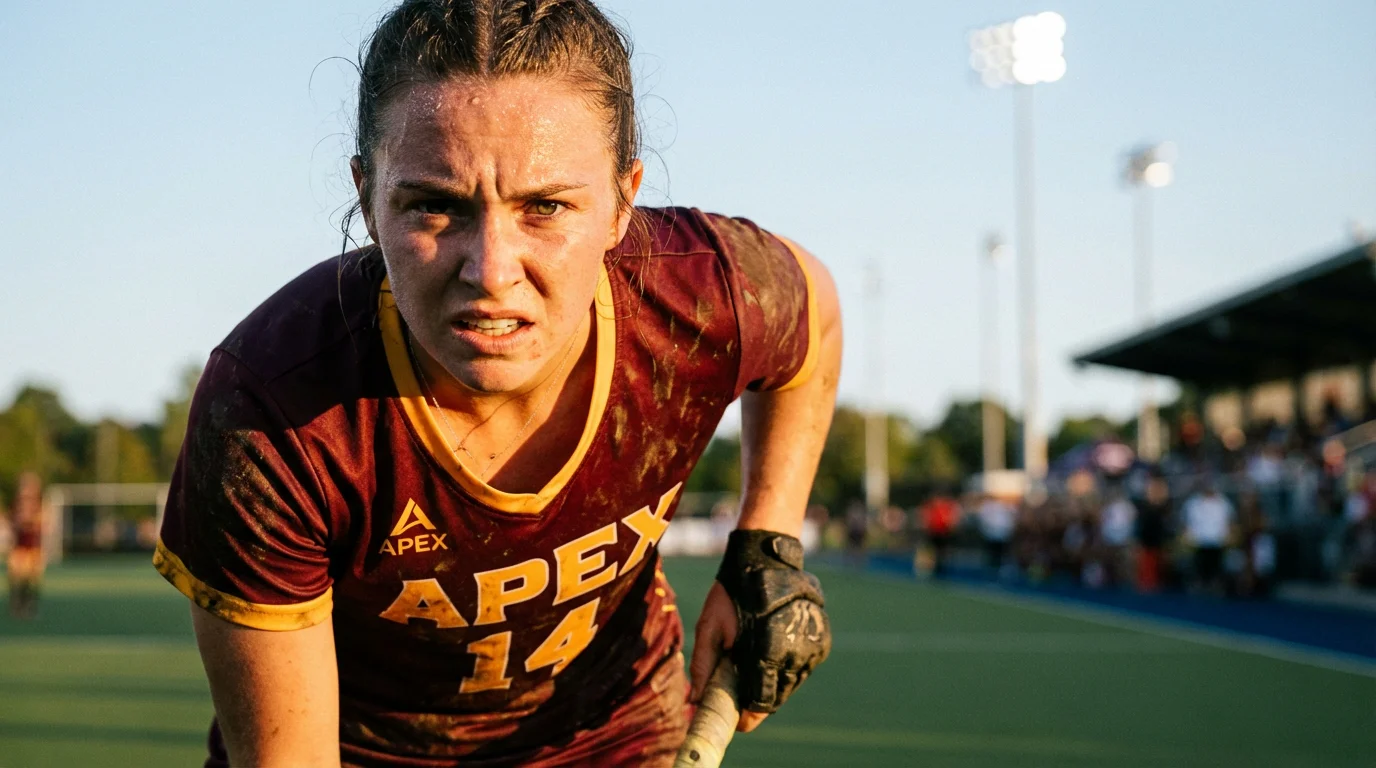 Geconcentreerde hockeyspeler tijdens een cruciale play-off wedstrijd