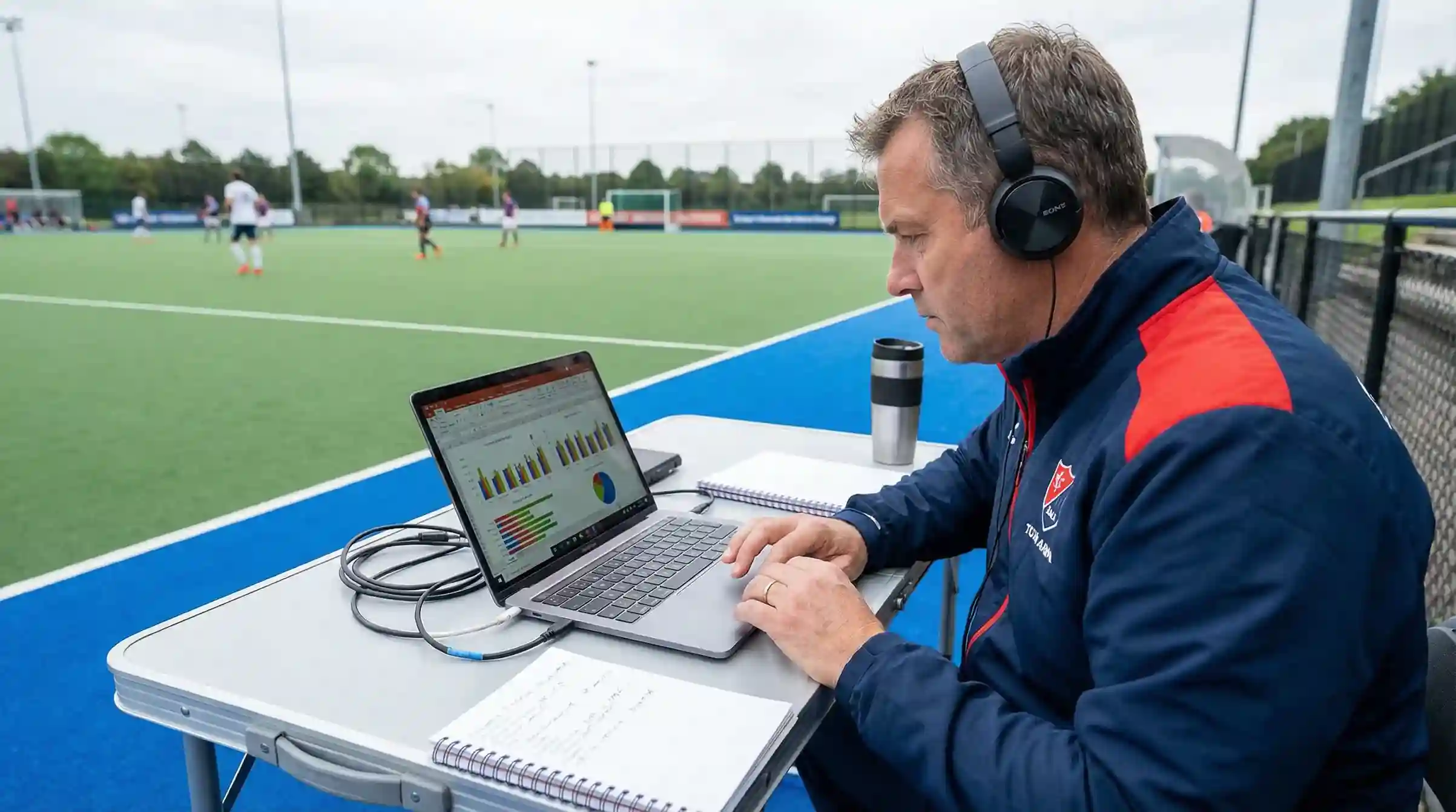 Persoon analyseert hockeystatistieken op een laptop naast het veld