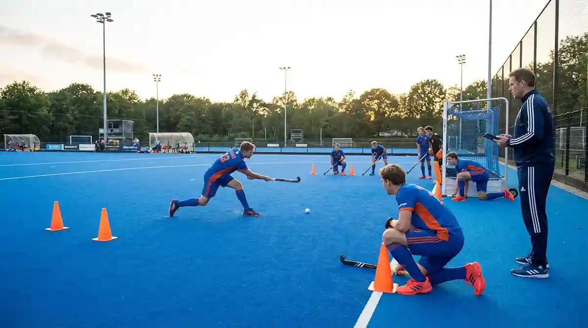 Hockeyspelers trainen strafcorners op het kunstgrasveld