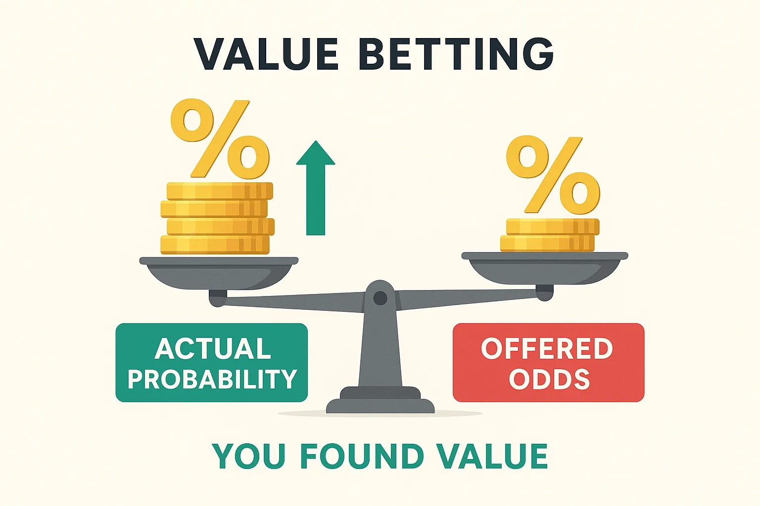 Conceptuele illustratie van value betting met balansschaal die waarde versus odds toont