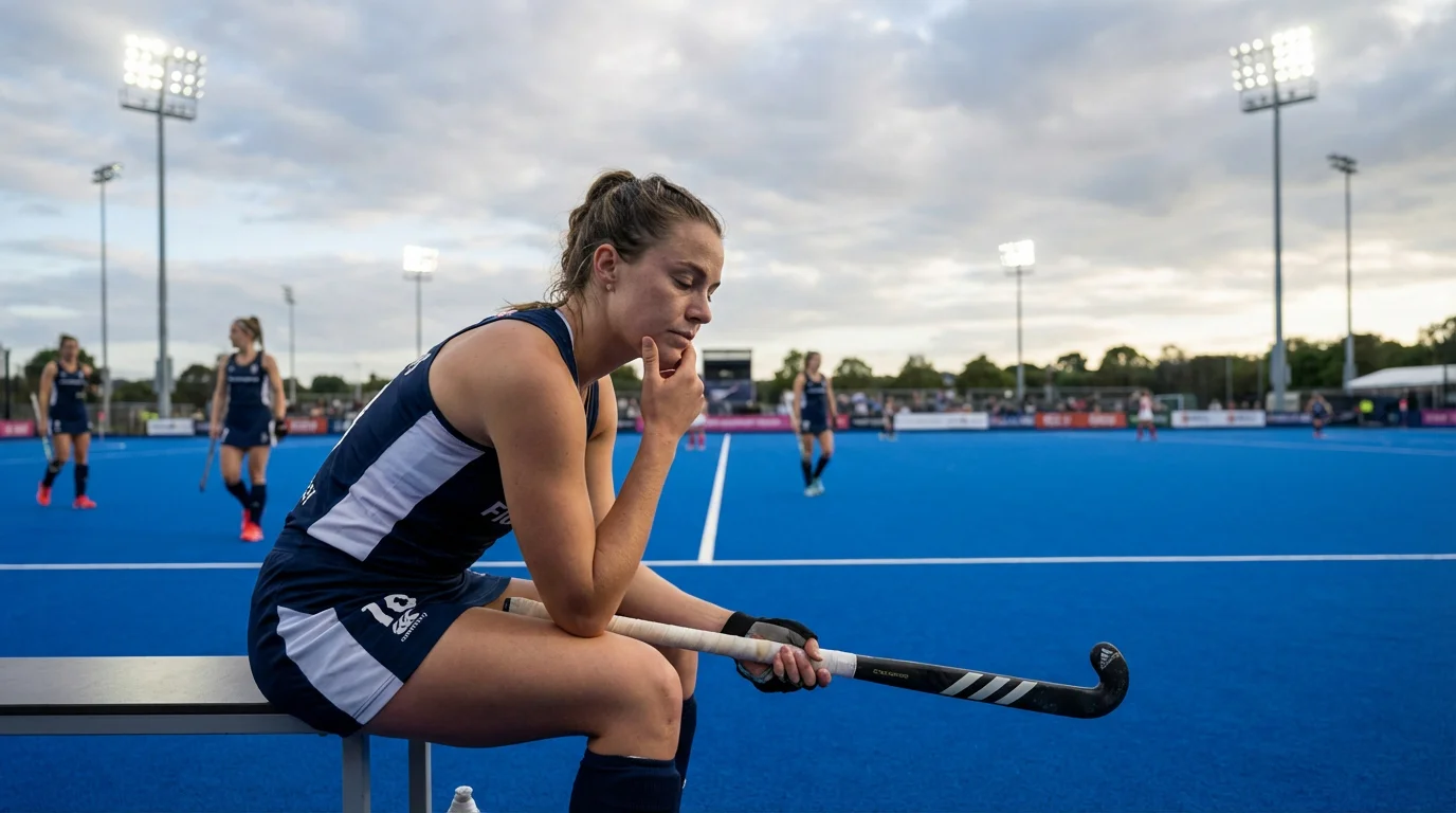 Hockeyspeler in een moment van reflectie