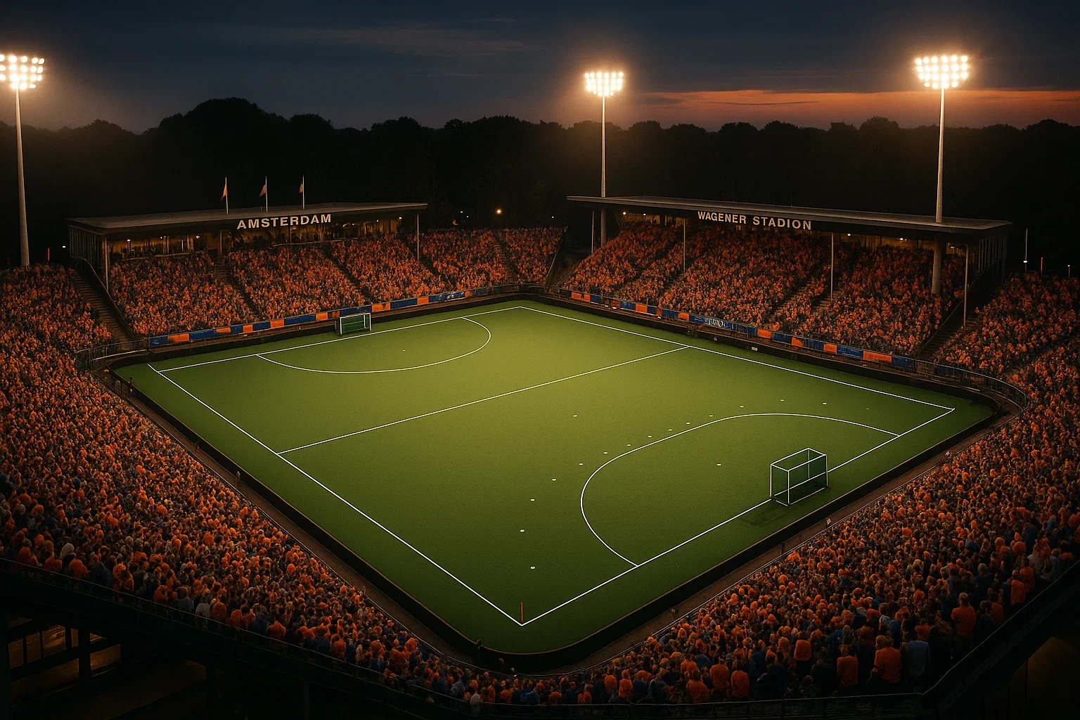 Wagener Stadion vol supporters tijdens een topwedstrijd in de Hoofdklasse hockey