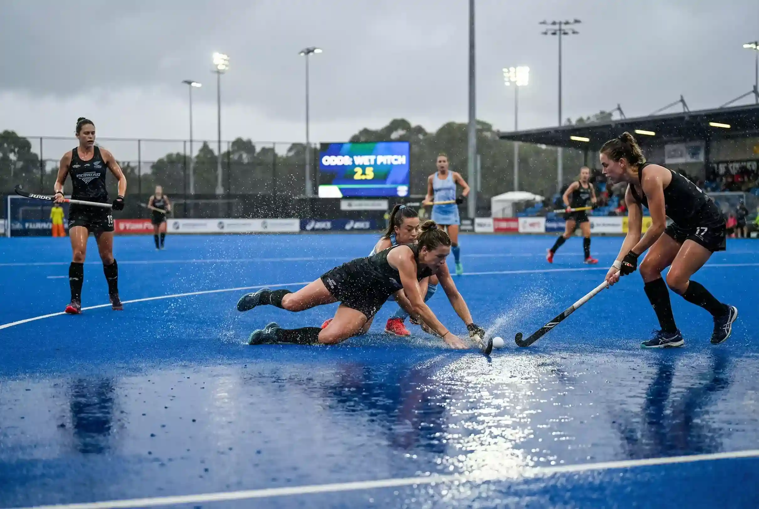 Hockeywedstrijd op nat kunstgrasveld