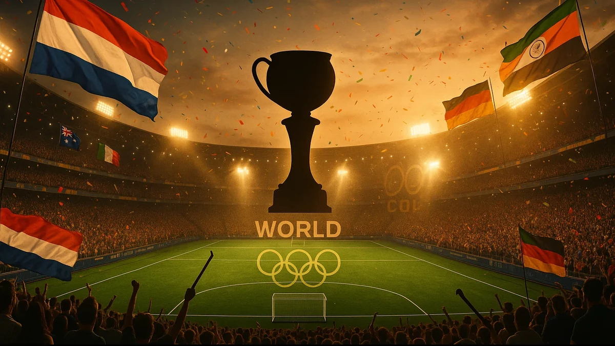 Spectaculaire sfeer tijdens een groot internationaal hockeytoernooi met volle tribunes en nationale vlaggen