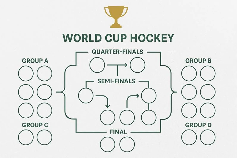 Infographic van het WK hockey toernooiformat met groepsfase en knock-outschema